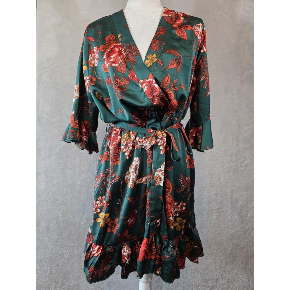 EUC Boohoo Dress Womens 12 Green Colorful Floral Belted Ruffle Party Vacation
